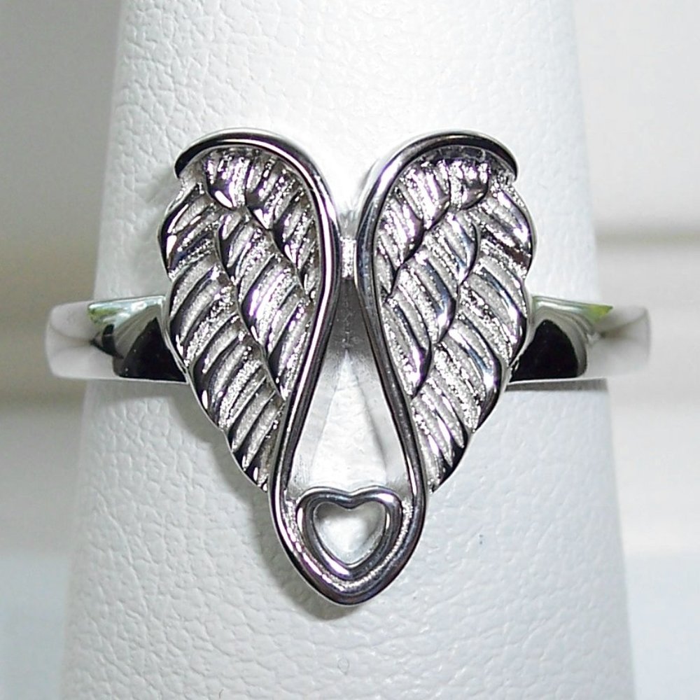 Angel Wings & Heart Ring 925 Sterling Silver High Polished Women's - Picture 2 of 15